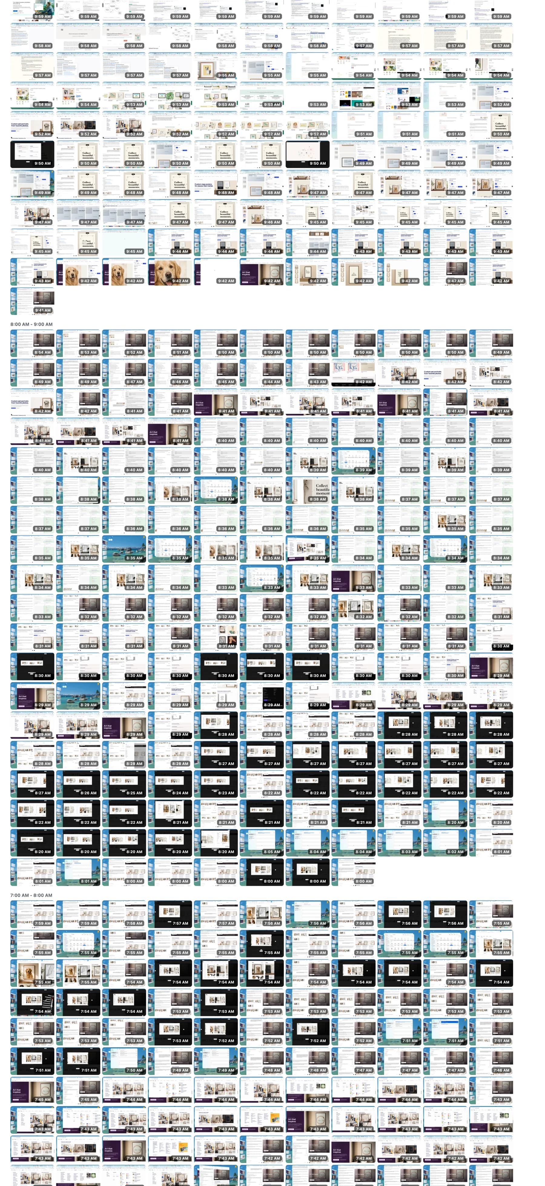 Lower-middle crop of the Chronicle visualizer timeline showing a dense grid of screen-frame thumbnails and project work states.