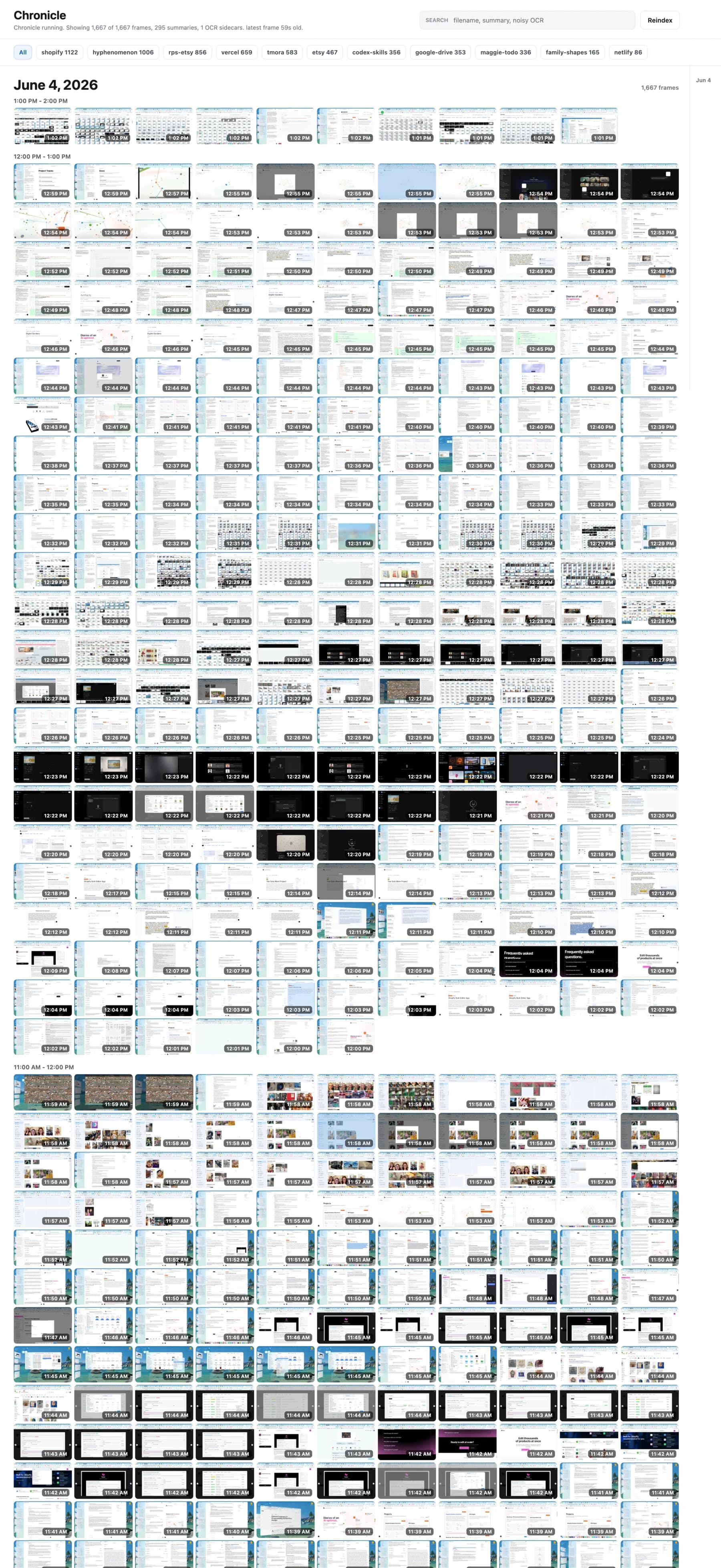 Top crop of the Chronicle visualizer showing a dense white timeline grid of screen-frame thumbnails for June 4, 2026.