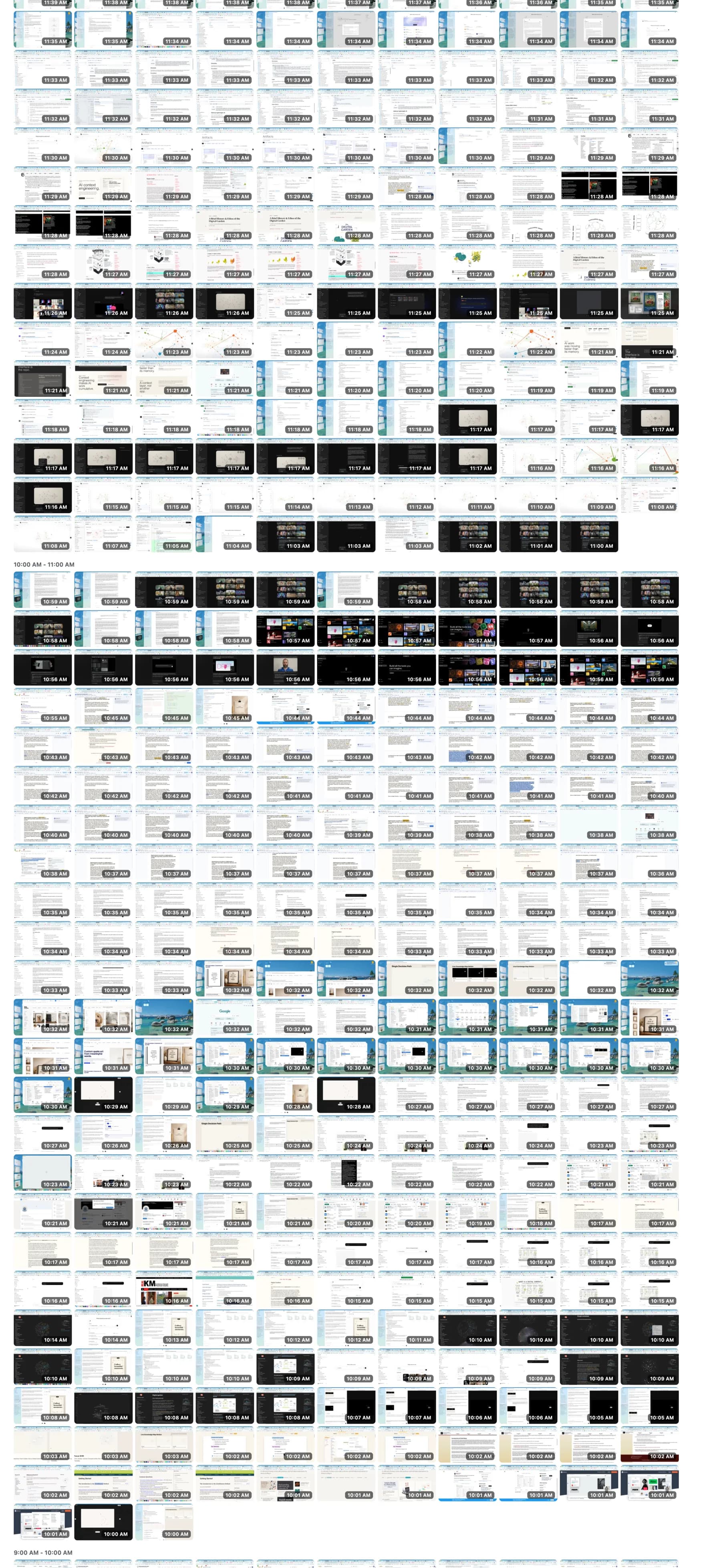 Upper-middle crop of the Chronicle visualizer showing many screen-frame thumbnails in a dense work-history timeline.