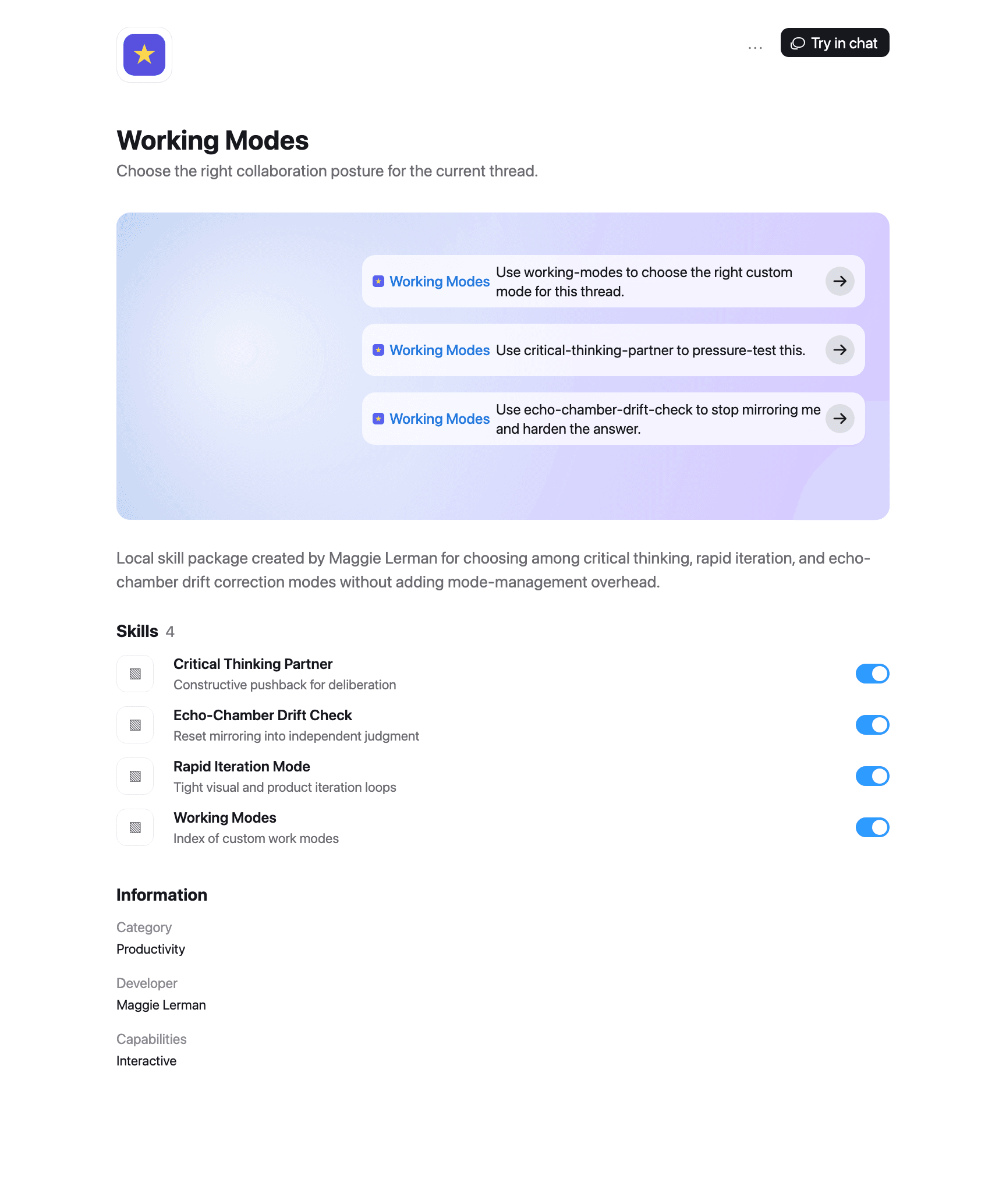 Working Modes plugin page