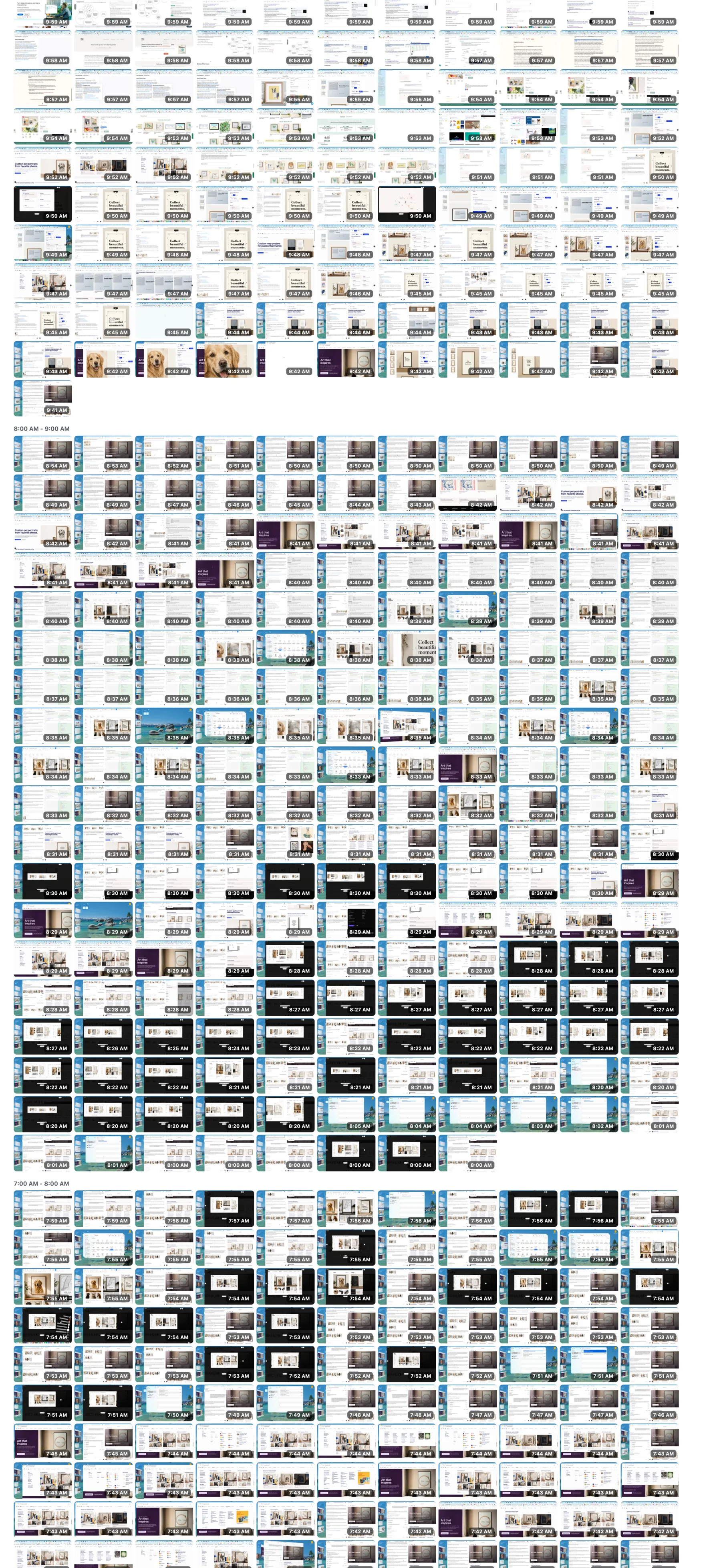 Lower-middle crop of the Chronicle visualizer timeline showing a dense grid of screen-frame thumbnails and project work states.