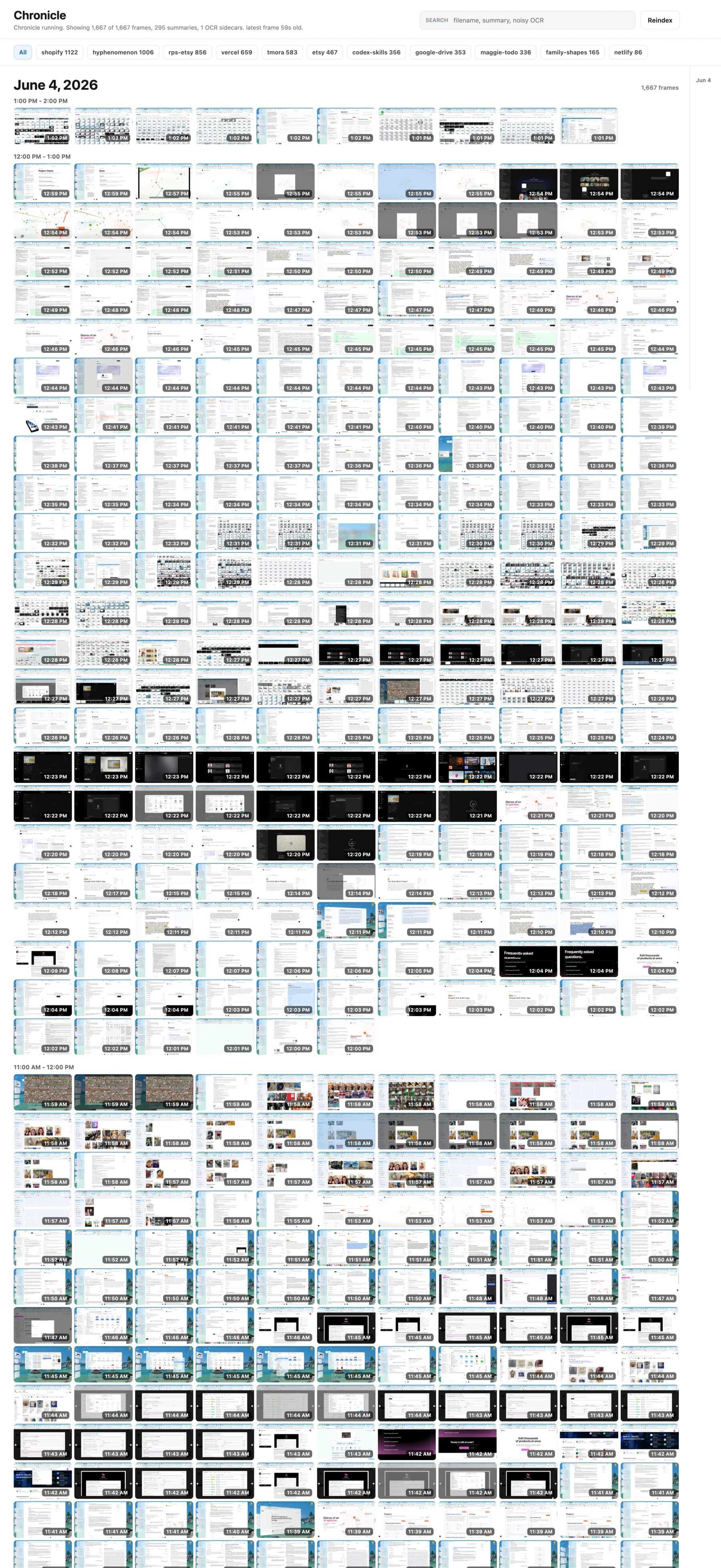 Top crop of the Chronicle visualizer showing a dense white timeline grid of screen-frame thumbnails for June 4, 2026.