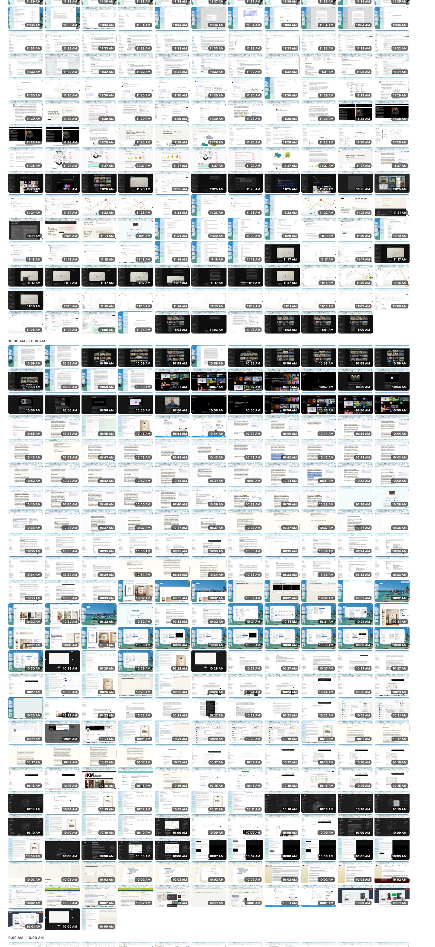 Upper-middle crop of the Chronicle visualizer showing many screen-frame thumbnails in a dense work-history timeline.