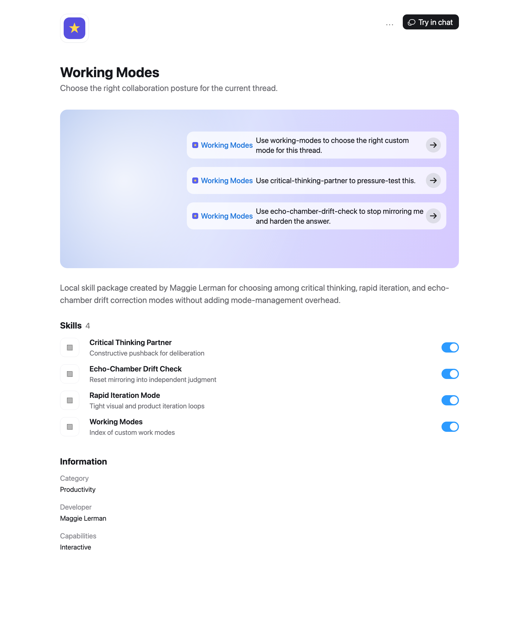 Working Modes plugin page showing default prompts, four enabled skills, category Productivity, developer Maggie Lerman, and capability Interactive.